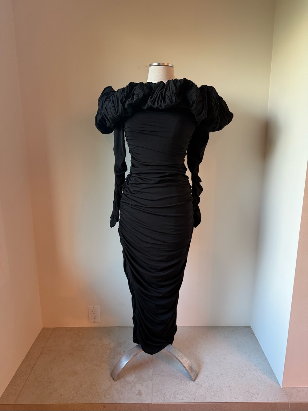 Acler Black Ruched Off-Shoulder Midi Dress